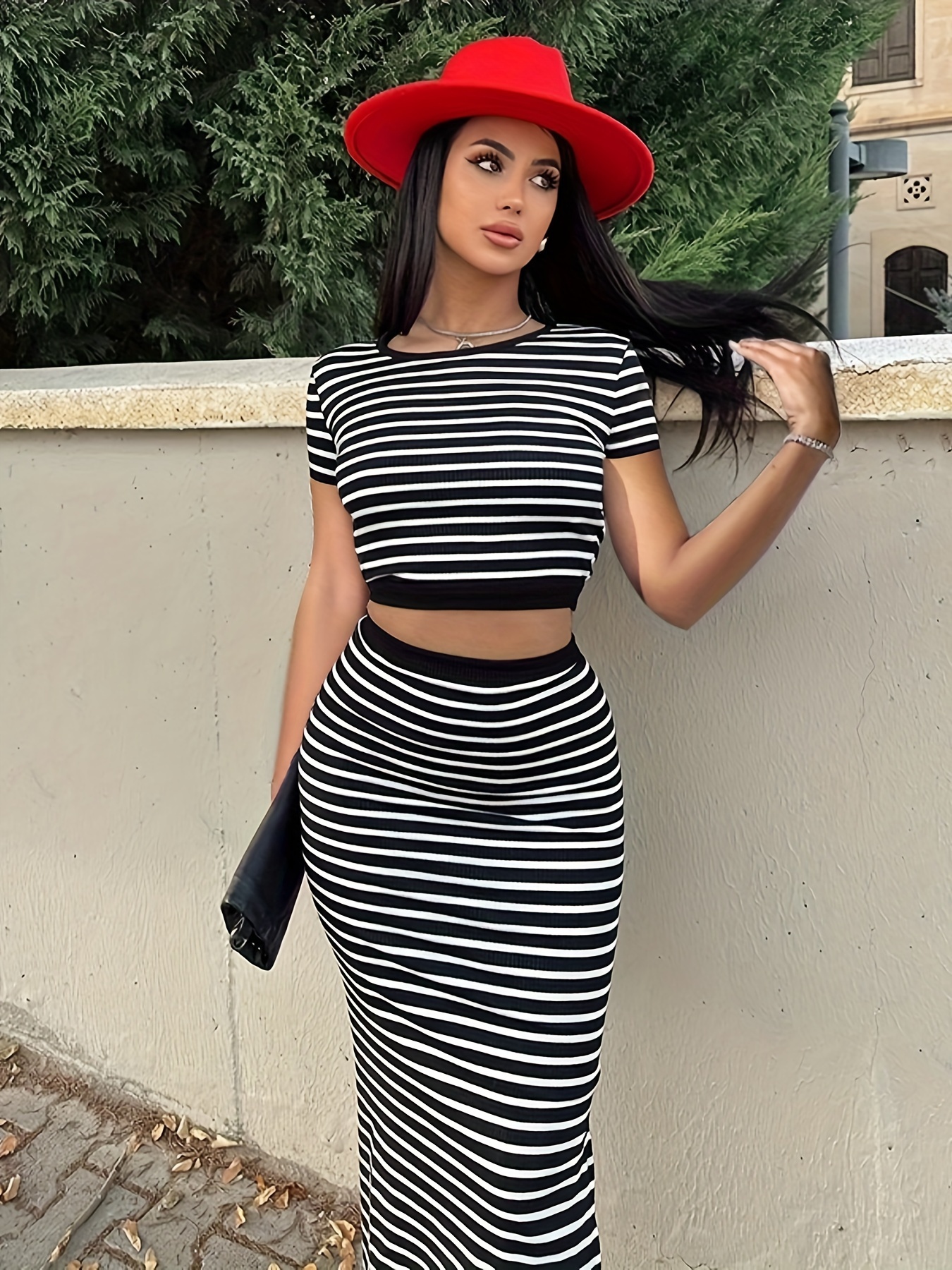 casual striped two piece skirt set crop crew neck short Temu