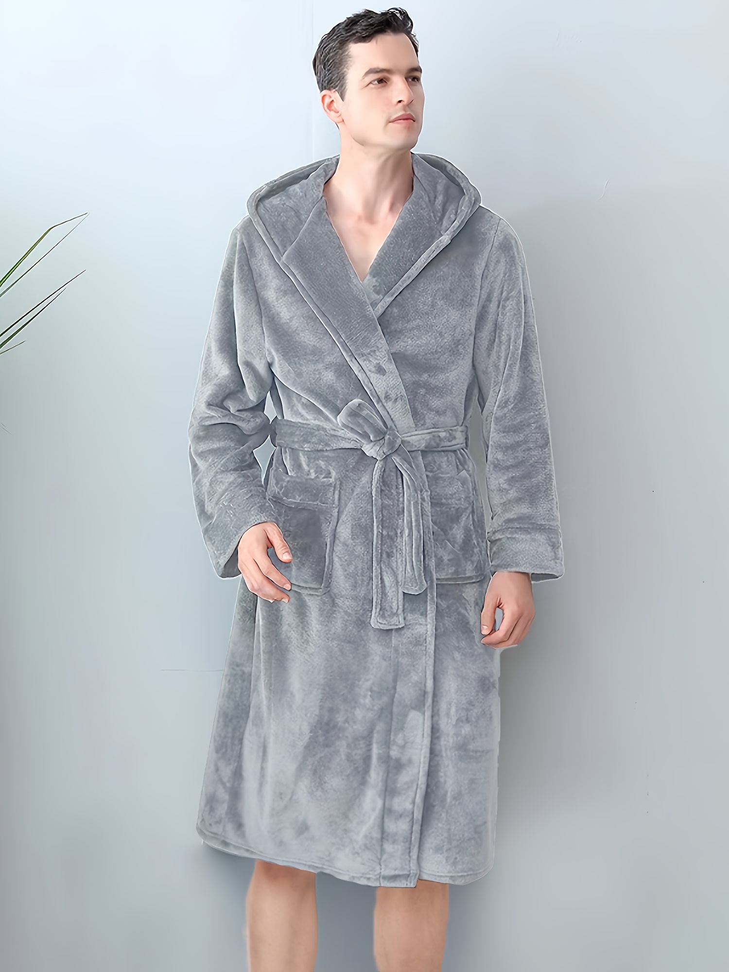 1pc Men'S Casual Long Sleeve Hooded Robe with Belt - Solid Color Polyester Knit Fabric Sleepwear with Pockets, Slight Stretch, Regular Fit for All Seasons