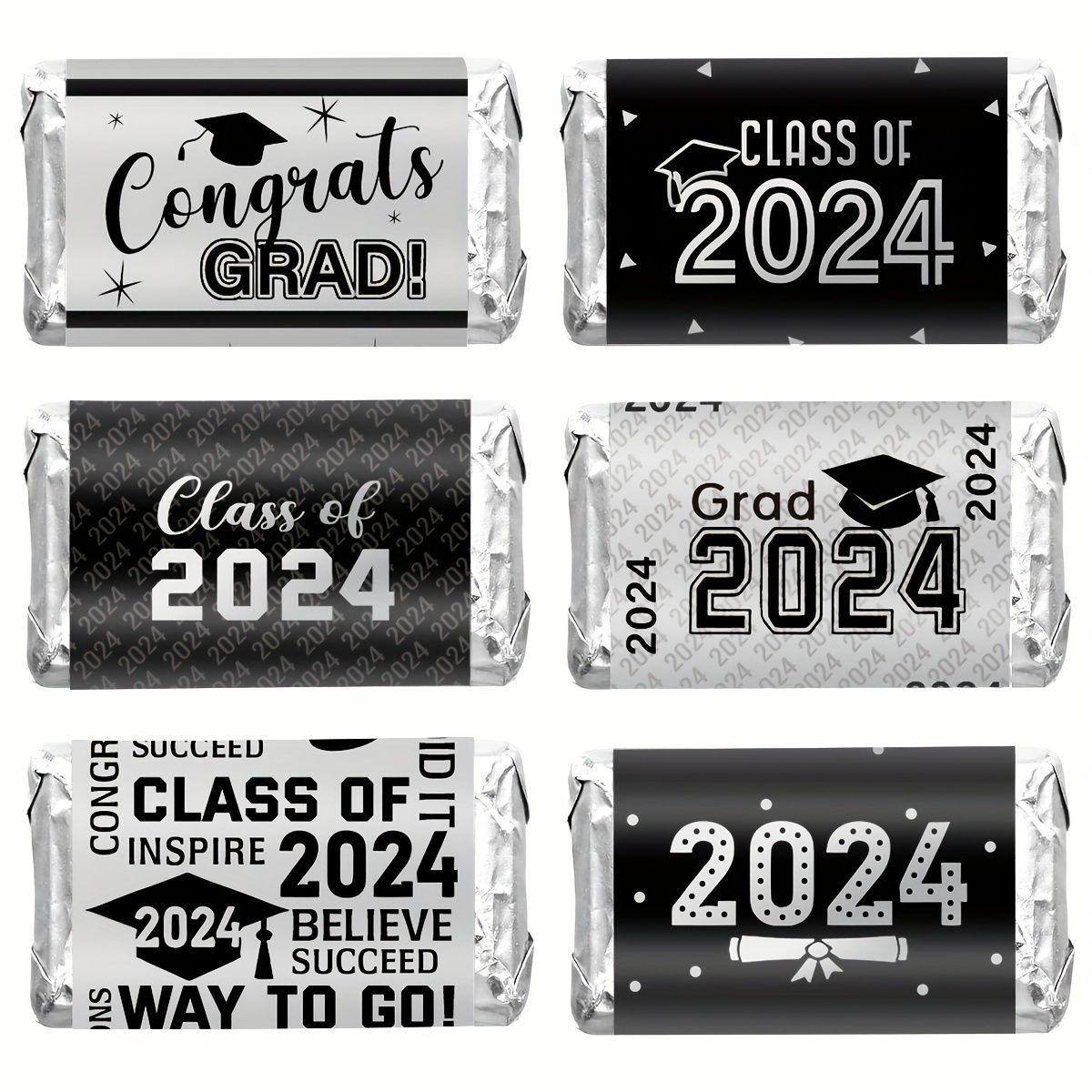 

30-piece Class Of 2024 Graduation Mini Chocolate Bar Wrappers - Perfect For Grad Party Decor & Gifts, Self-adhesive, Sparkle Finish, Black/white Congratulate In Style - Must-have For Grad Celebrations
