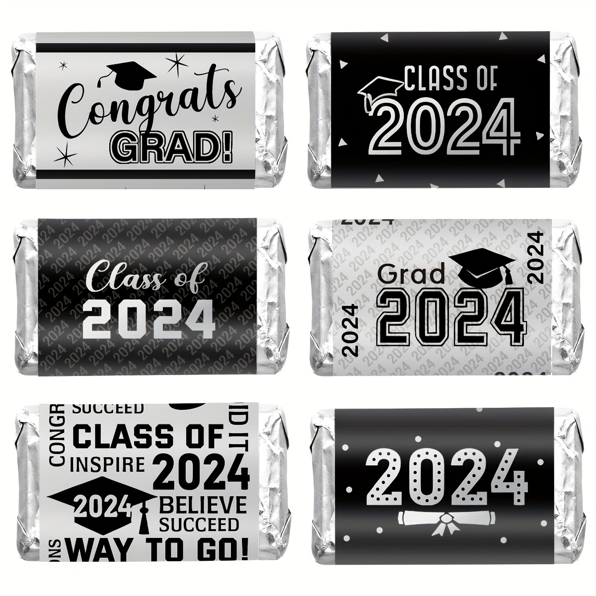 

30-piece Class Of 2024 Graduation Mini Chocolate Bar Wrappers - Perfect For Grad Party Decor & Gifts, Self-adhesive, Sparkle Finish, Black/white