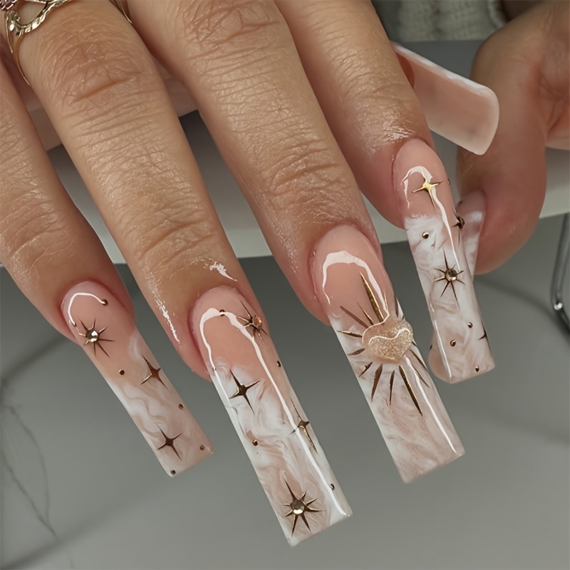 TEMU 24pcs Long Square/coffin Press On Nails Acrylic Xxl/xxxl Irregular Smudging Design 3d Sun Rhinestone Golden Chrome Nails Reusable Y2k Style For