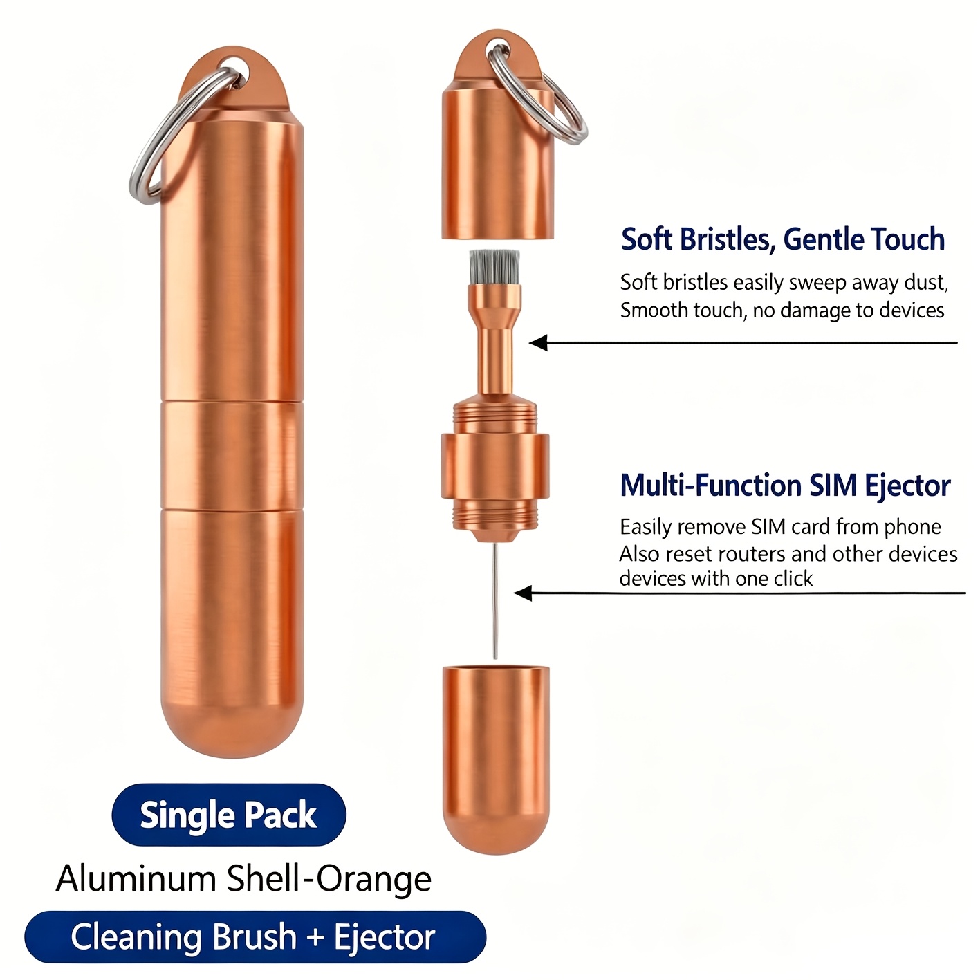 TEMU Spillo estrattore SIM 2 in 1 a testa con portachiavi, strumento portatile per la rimozione della scheda SIM, spazzola multifunzionale adatta per