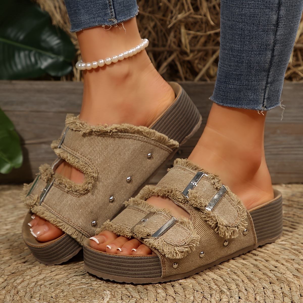 womens vintage inspired slip platform sandals beige fabric Temu