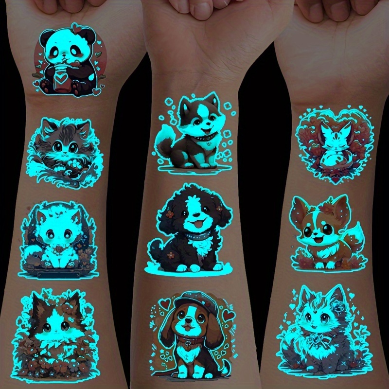 

13pcs Blue Glow-in-the-dark Animal Temporary Tattoos, Cute Cartoon Panda Cat Dog Butterfly Monster Designs For Boys & Girls, Luminous Party Stickers For Nightclub, Concerts, Birthday Parties Gifts