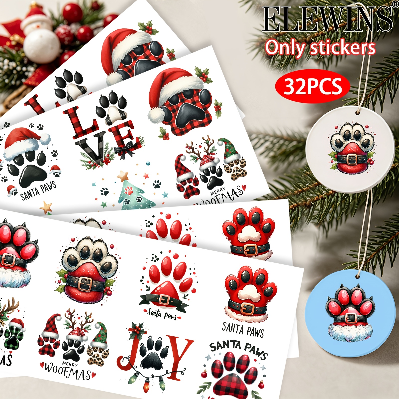 TEMU 32pcs Christmas Ornament Uv Dtf Transfers -merry Christmas Paws Waterproof And Scratch-resistant Vinyl Wraps For Diy Crafts, Decorations & Gifts