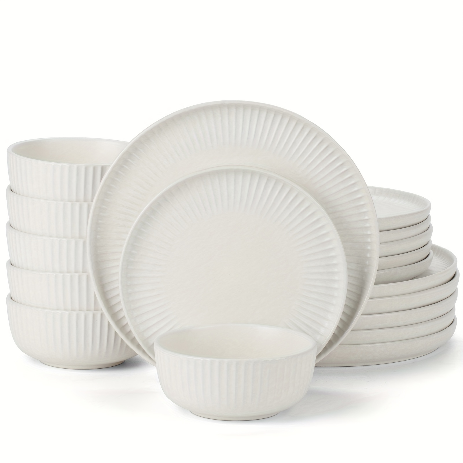 18pcs Stoneware Dinnerware Sets, Round Plates And Bowls Set For 4, Ribbed, Dishwasher And Microwave-safe, Blue