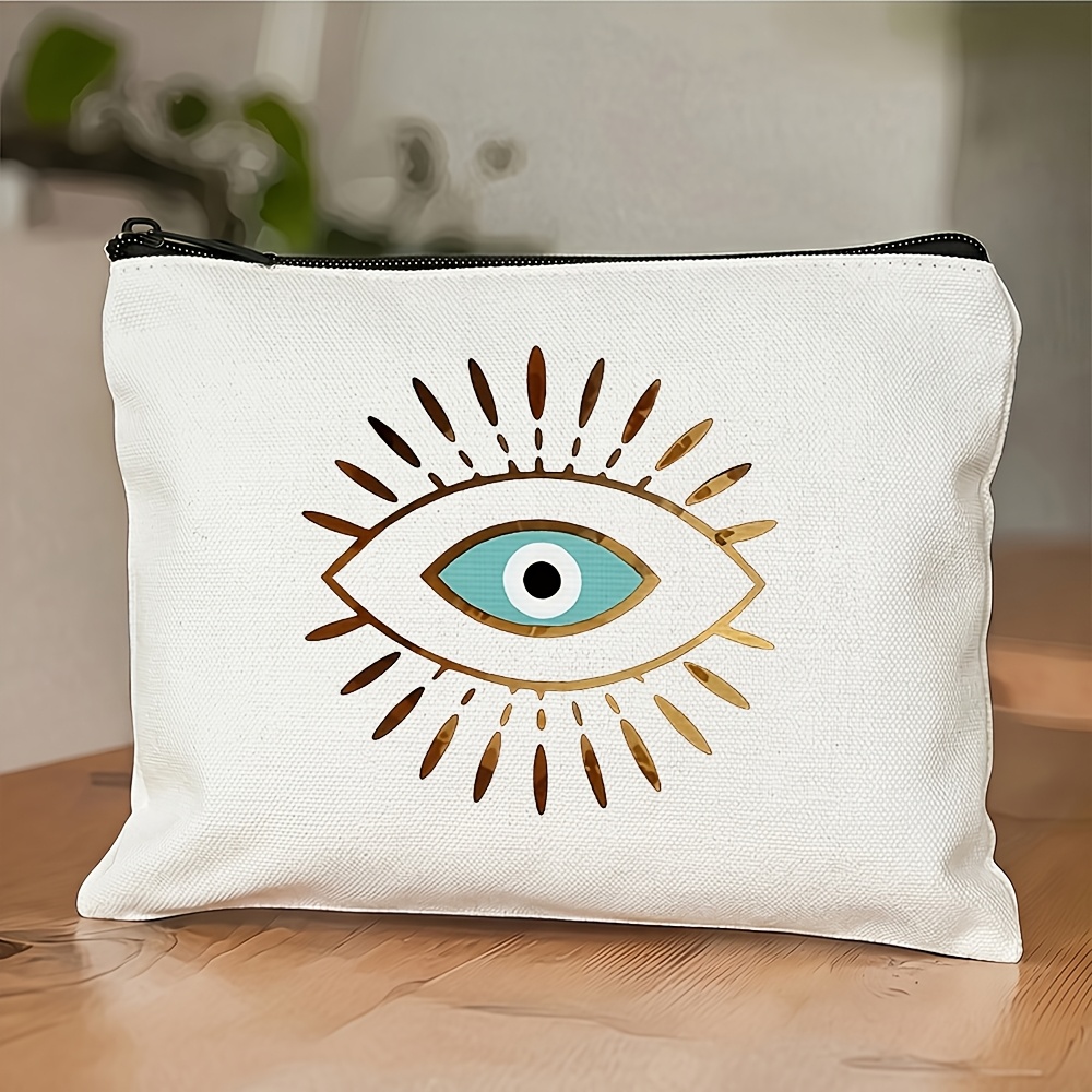 TEMU 1pc "vintage Metal Evil Eye Turkish Nazar Boncuk Sunflower Texture" Printed Makeup Bag, Daily Lightweight Cosmetic Organizer Pouch, Watercolor