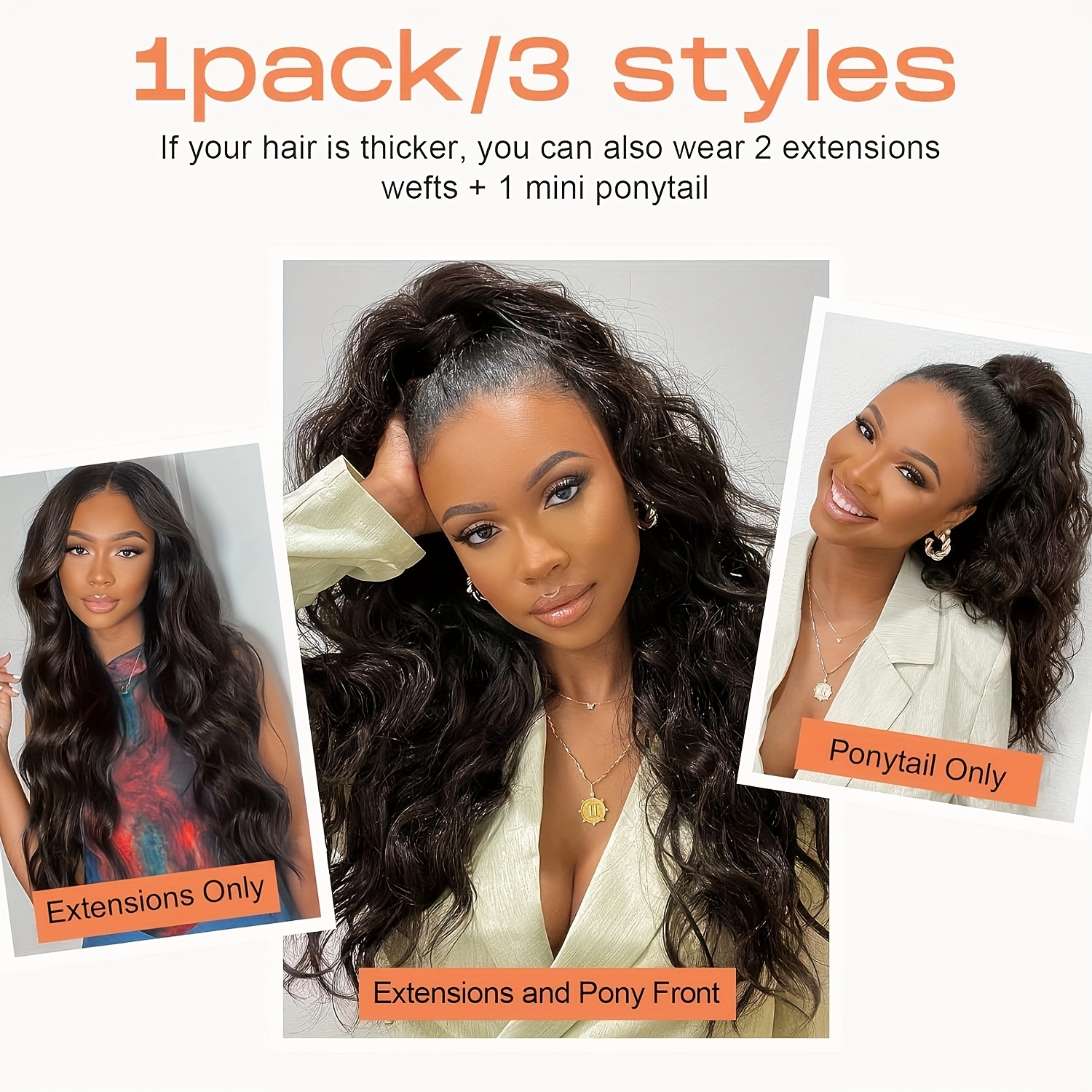 4pcs 16 half up half down ponytail extension set long wavy clip in hair extensions 3 styles in 1   resistant   thick   wrap around ponytail synthetic hairpiece details 2