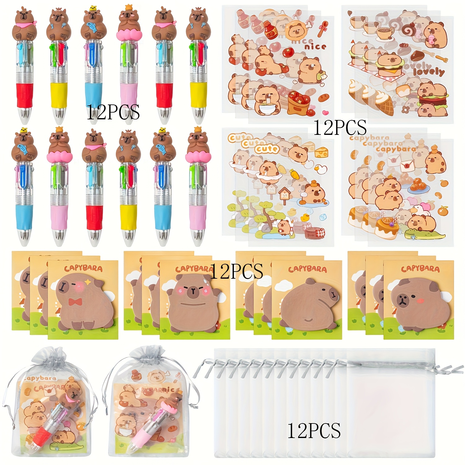 TEMU Lot de 12 cadeaux de fête de papeterie Capybara - Motif Capybara avec bloc-notes autocollants, autocollants et sac à cordon, convient pour les