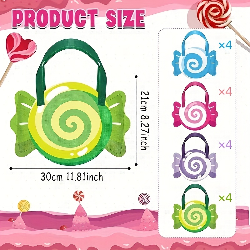 TEMU Gift For Her/him 16pcs Non-woven Tote Bags - 4 Styles, Colorful Swirls & Bow Designs, Suitable For Birthday, Wedding, Christmas, Halloween Party