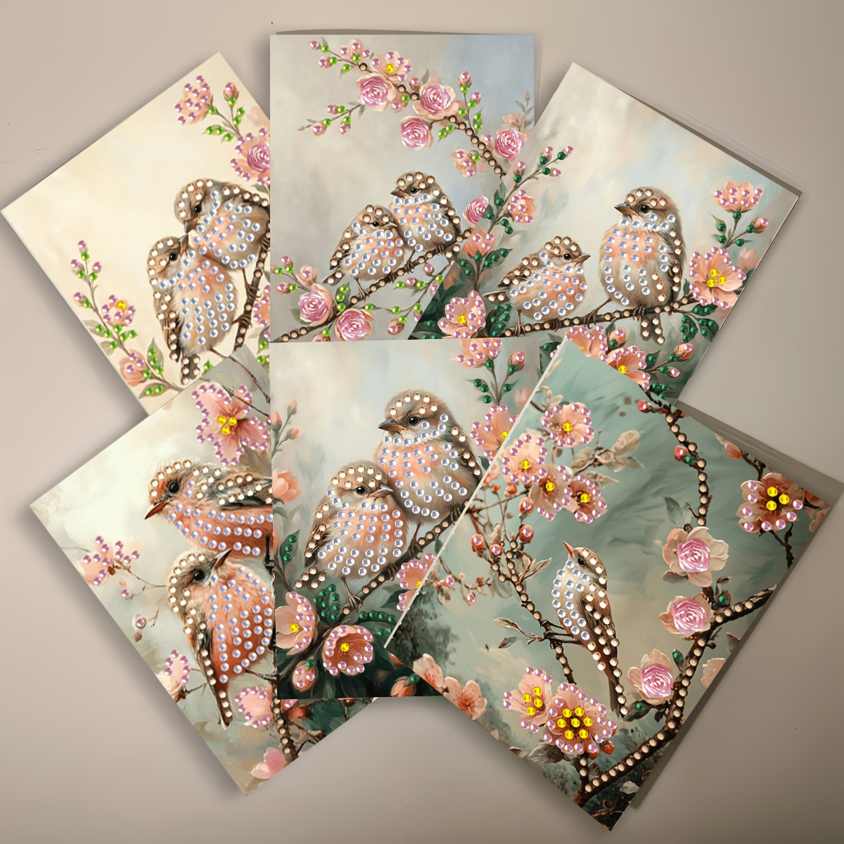 TEMU 6pcs 2d Flat Diamond Painting Greeting Cards, New Floral Bird Theme Handmade Shiny Cards With Envelope, Suitable For , Birthday Gifts, Handmade
