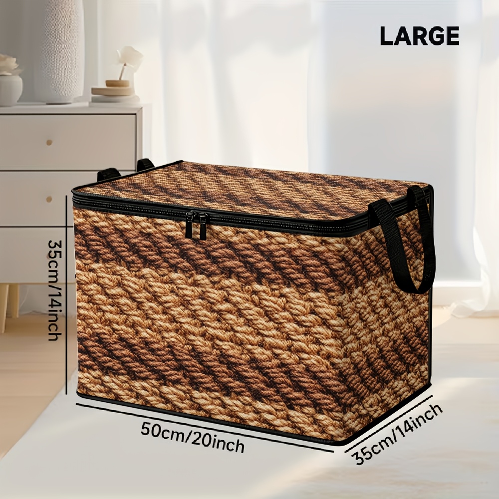 TEMU 1pc Woven Brown Pattern Storage Basket | Durable Polyester Rectangular Organizer With Lid, Woven Brown Design For Closet, Under Bed, Shelf