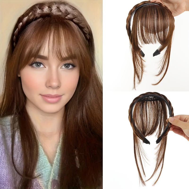 TEMU Women's Synthetic Straight Hair Bangs With Braided Headband, Fashion Hairpiece Extension, Universal Fit For All - Basic Style Hair Accessory