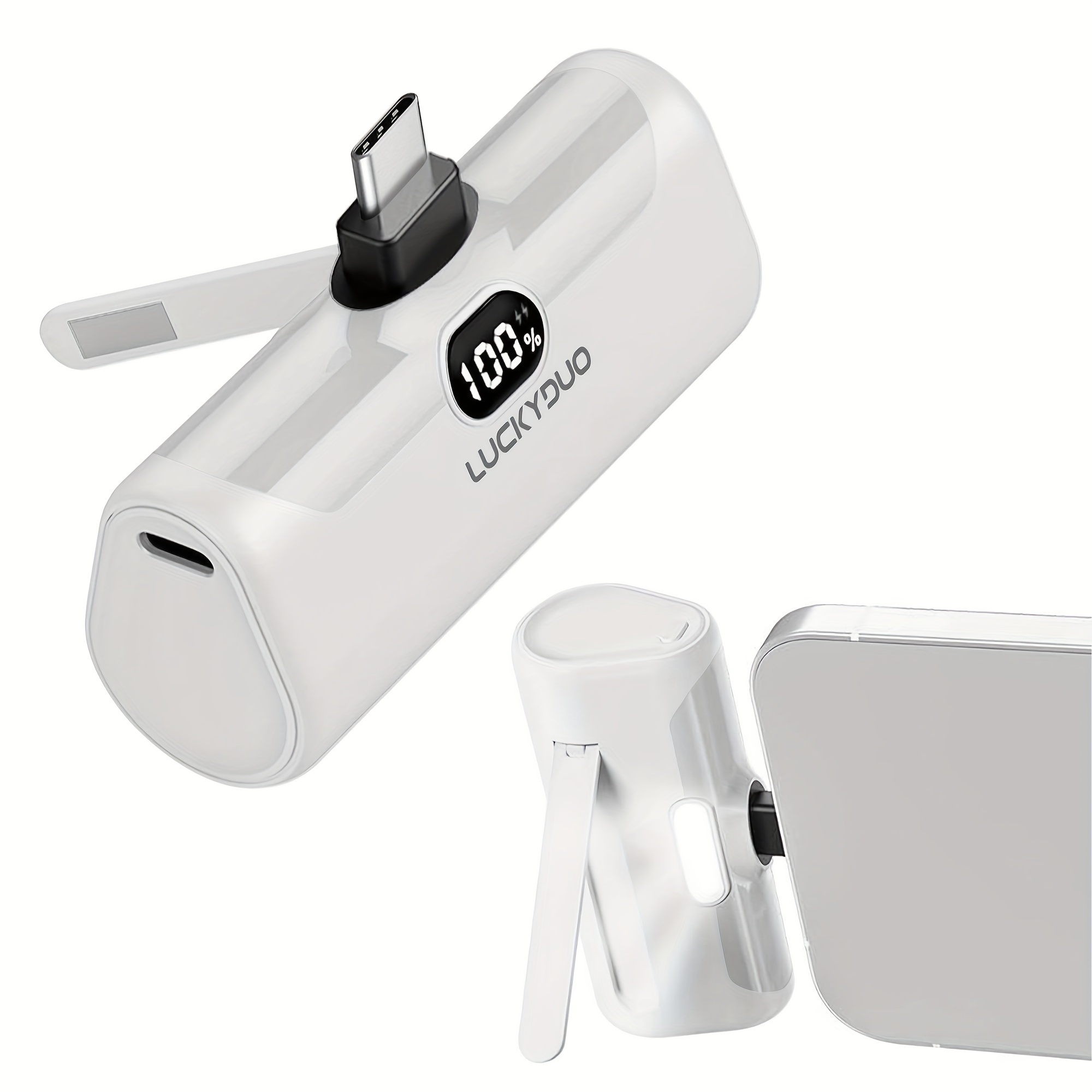 TEMU Compact Usb C Power Bank With 5000mah Capacity, Featuring A Mini Design, Integrated Phone Stand, Led Light, Pd15w, And Lcd Display, Ideal For