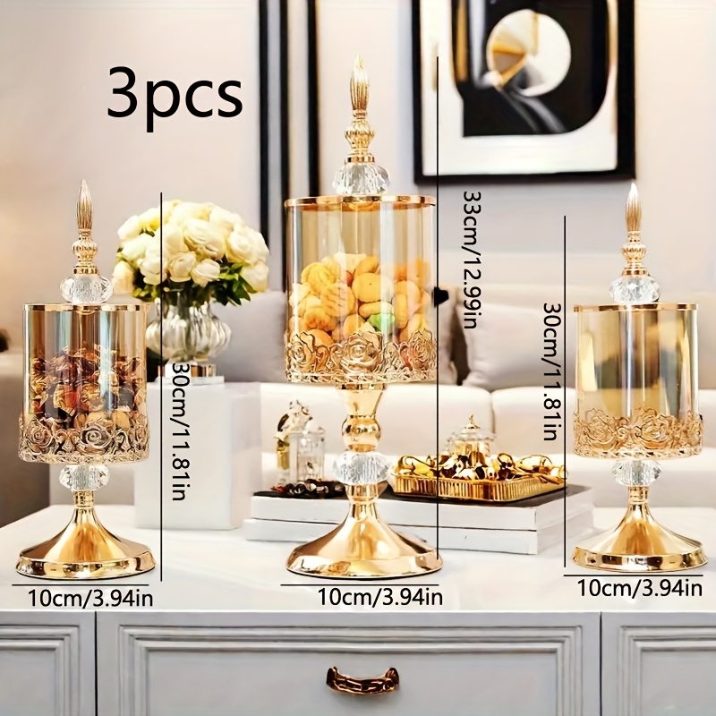 3pcs elegant glass candy containers with polished metal lids decorative plant theme design ideal for easter va ines day st patricks day   christmas thanksgiving   seasonal home decor and coffee table arrangements coffee table decor   decor detailed   candy storage