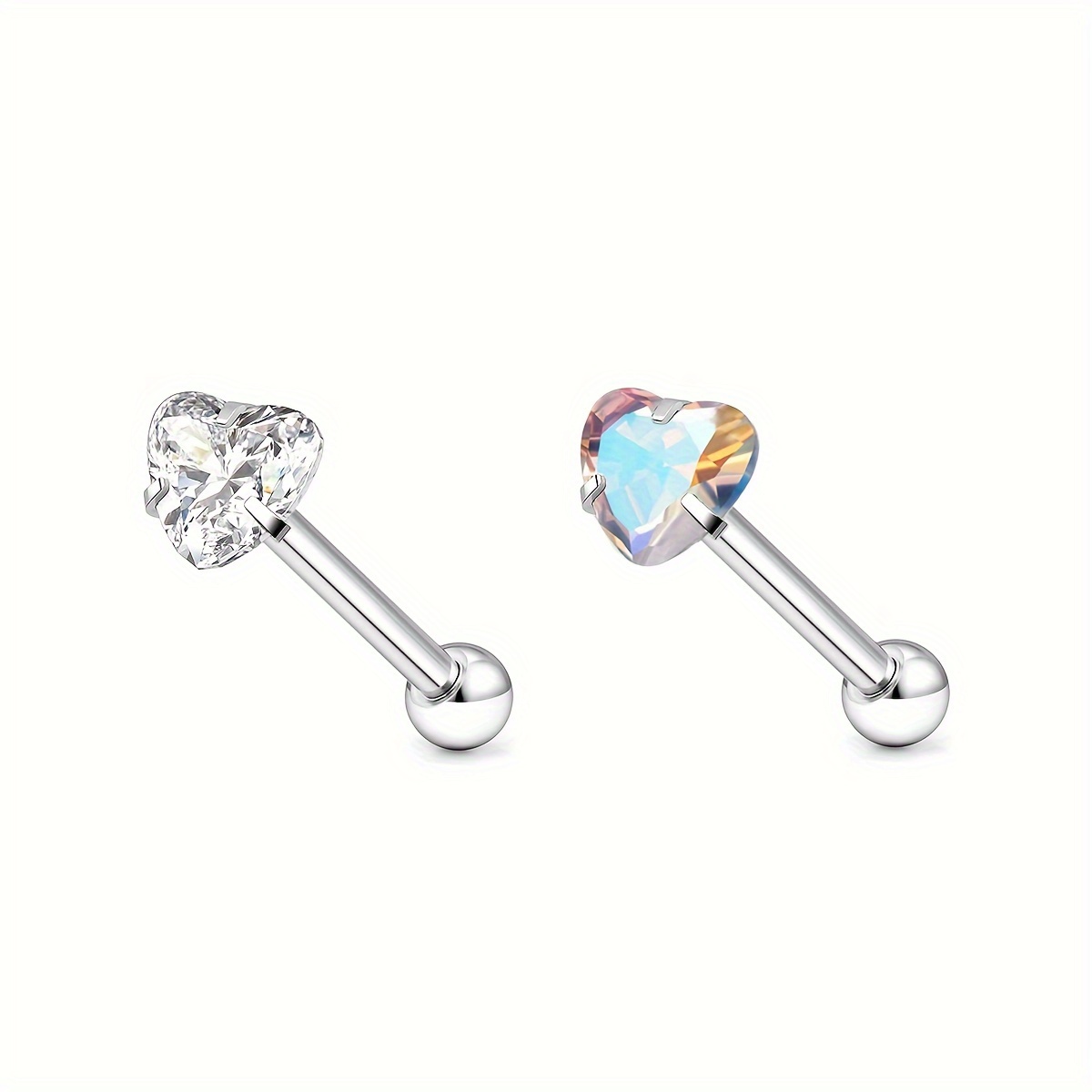 TEMU A Pair Of Fashionable 316l Stainless Steel Mini Piercing Stud Earrings, Heart-shaped Inlaid With Ab White Zirconia And Colorful Cubic Zirconia
