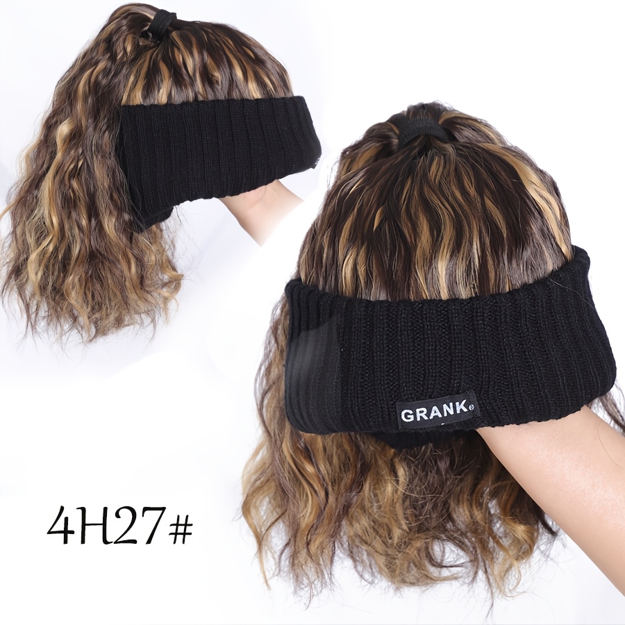 Brown Synthetic Short Curly Ponytail Hat Wig Fake Hair Extension Wig With Hat Adjustable Plush Knitted Cap Wig