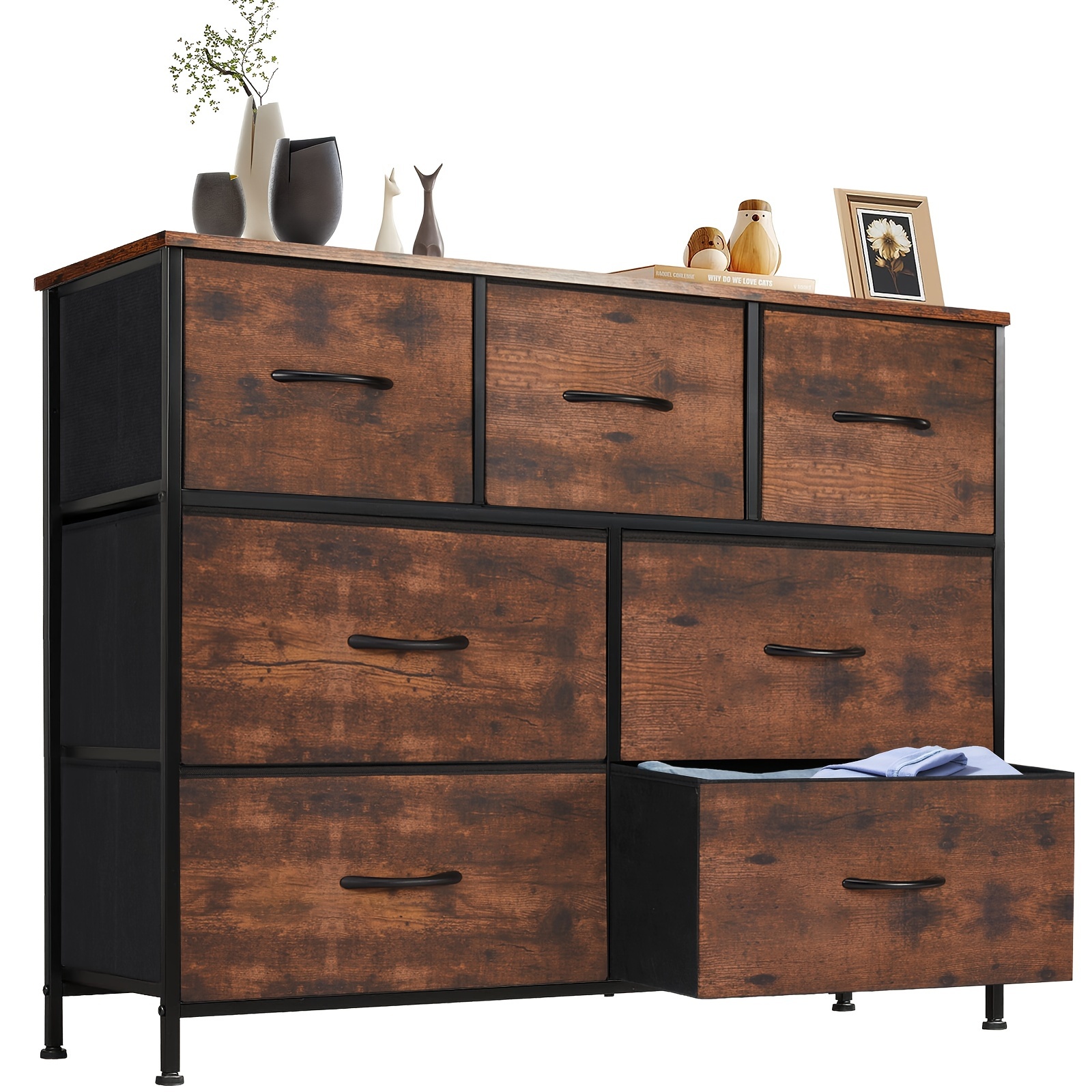 

7 Drawer Dresser Organizer Storage Drawers, Chest Of Drawers With Fabric Bin, Steel Frame, Wood Top For Bedroom, Closet