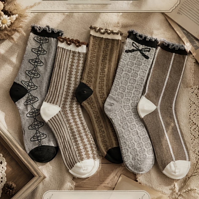 TEMU 5-pair Women's Vintage British Style Mid-calf Socks, Autumn/winter Vintage Ruffle Socks, Suitable For Pairing With Small Shoes