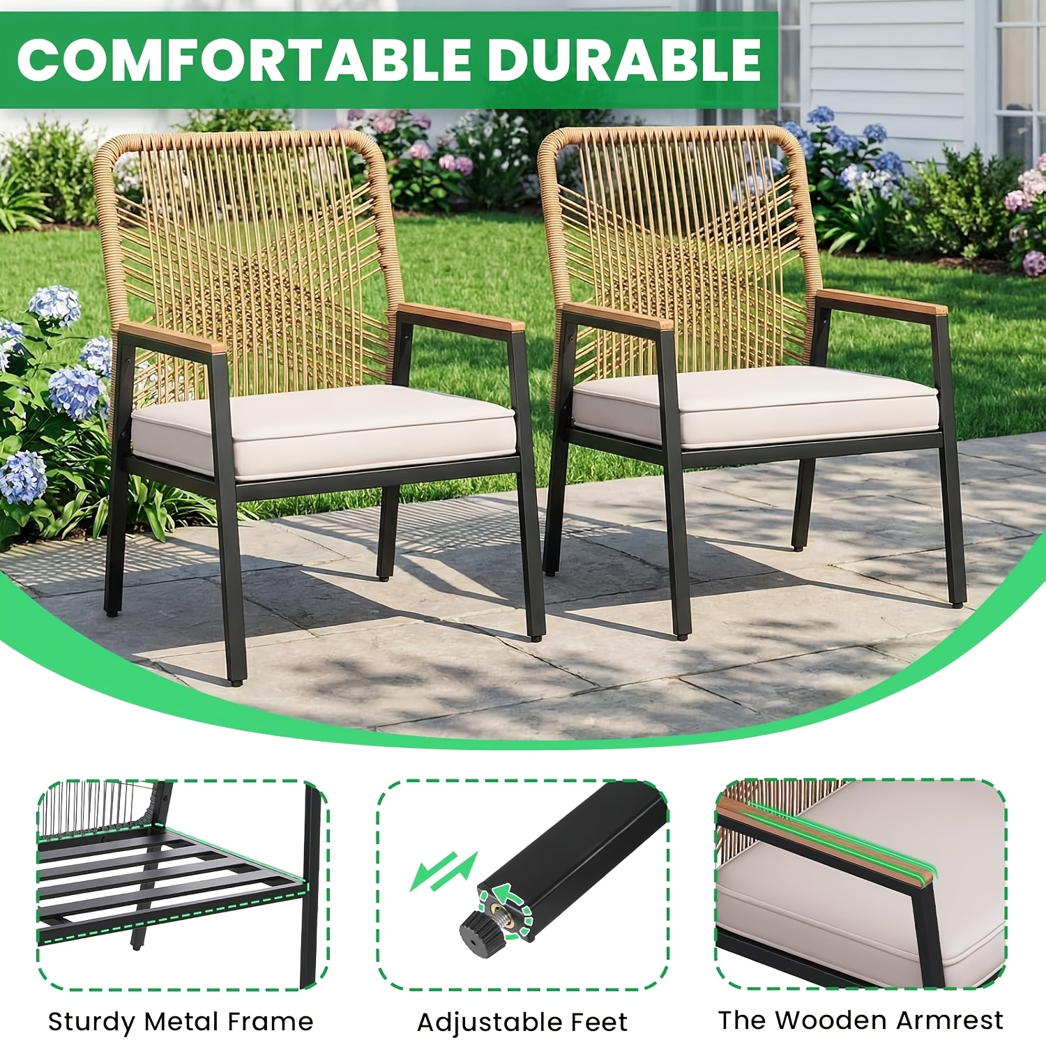 [Rattan Dining Chair Set] Outdoor Rattan Dining Chair Set of 2/4, Wide Outdoor Rattan Chair with 21-Inch Seat Width, Ergonomically Curved Backrest, Removable Cushion, Suitable for Patios, Lawns, Gardens, Backyards, Poolside, Balconies, and Other Spaces, Rattan Patio Chair
