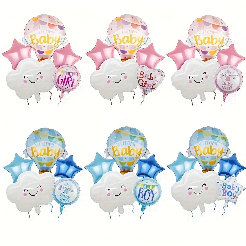 

5pcs Baby Shower Balloon Set, Parachute & Cloud Shaped Foil Balloons, Gender Reveal Party Supplies, Decoration For Newborn Celebration
