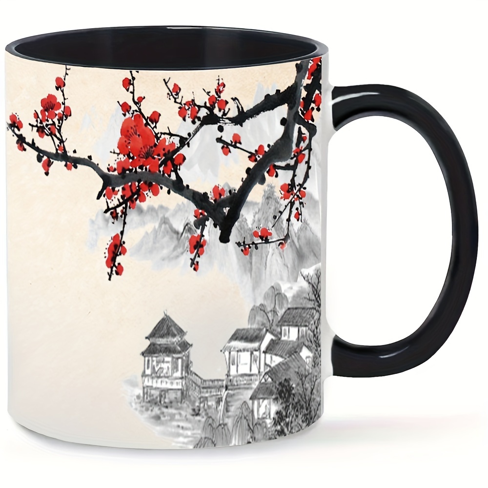 

1pc, 11 Oz, Tasse à motif fleur de prunier, Tasse en céramique artistique, Tasse créative, Ornement de table, Cadeau d'anniversaire, Cadeau de vacances