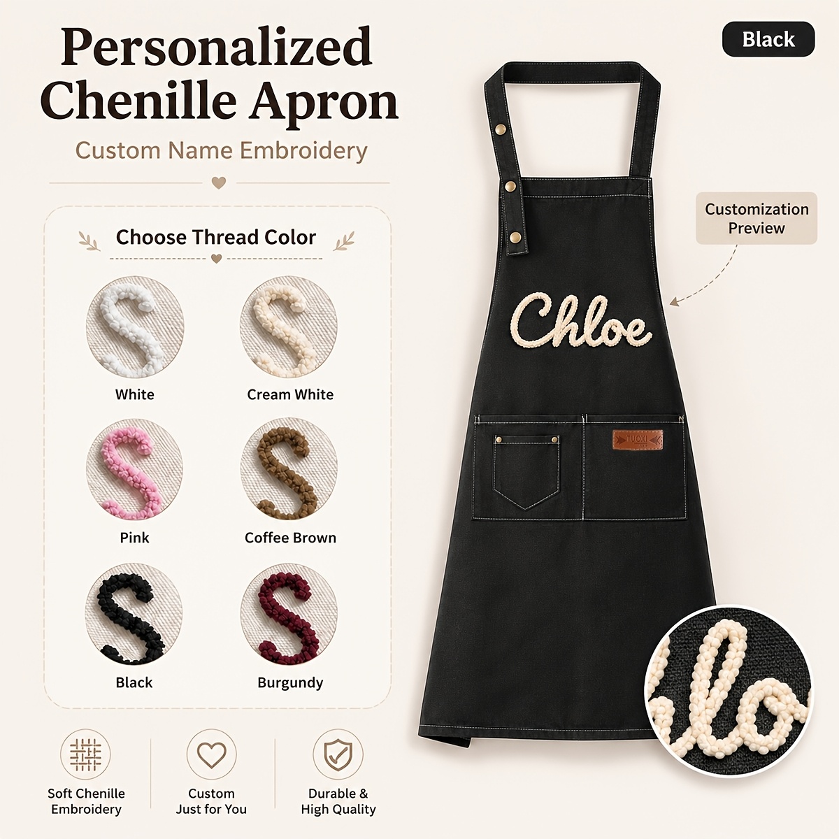 TEMU Personalized Custom Apron With Name/text Embroidery - Adjustable Shoulder Straps & Pocket Suitable For Kitchen Baking Crafts, Embroidered Apron