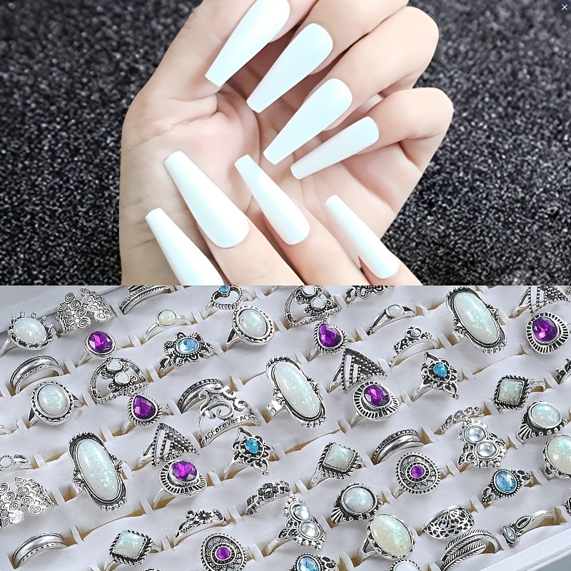 TEMU Set Of 30 Boho Vintage Rings Plus A Set Of 24 Nail Tips Featuring Large Embellishments Suitable For Everyday And Formal Occasions