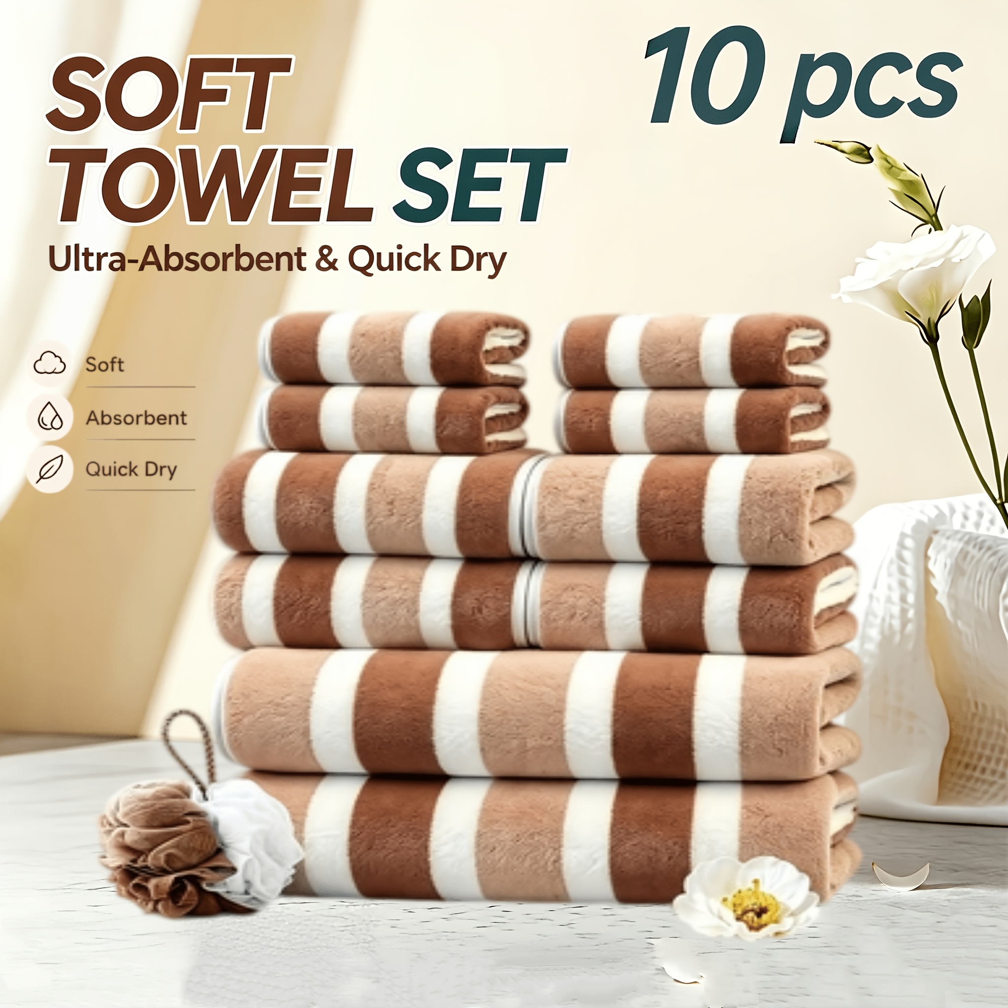 TEMU Towel Set Of 10/3/2, , Super Absorbent, Super Soft Microfiber Beach Towel For Adults, Super Soft Hotel Standard Two-color Striped Bath Towel