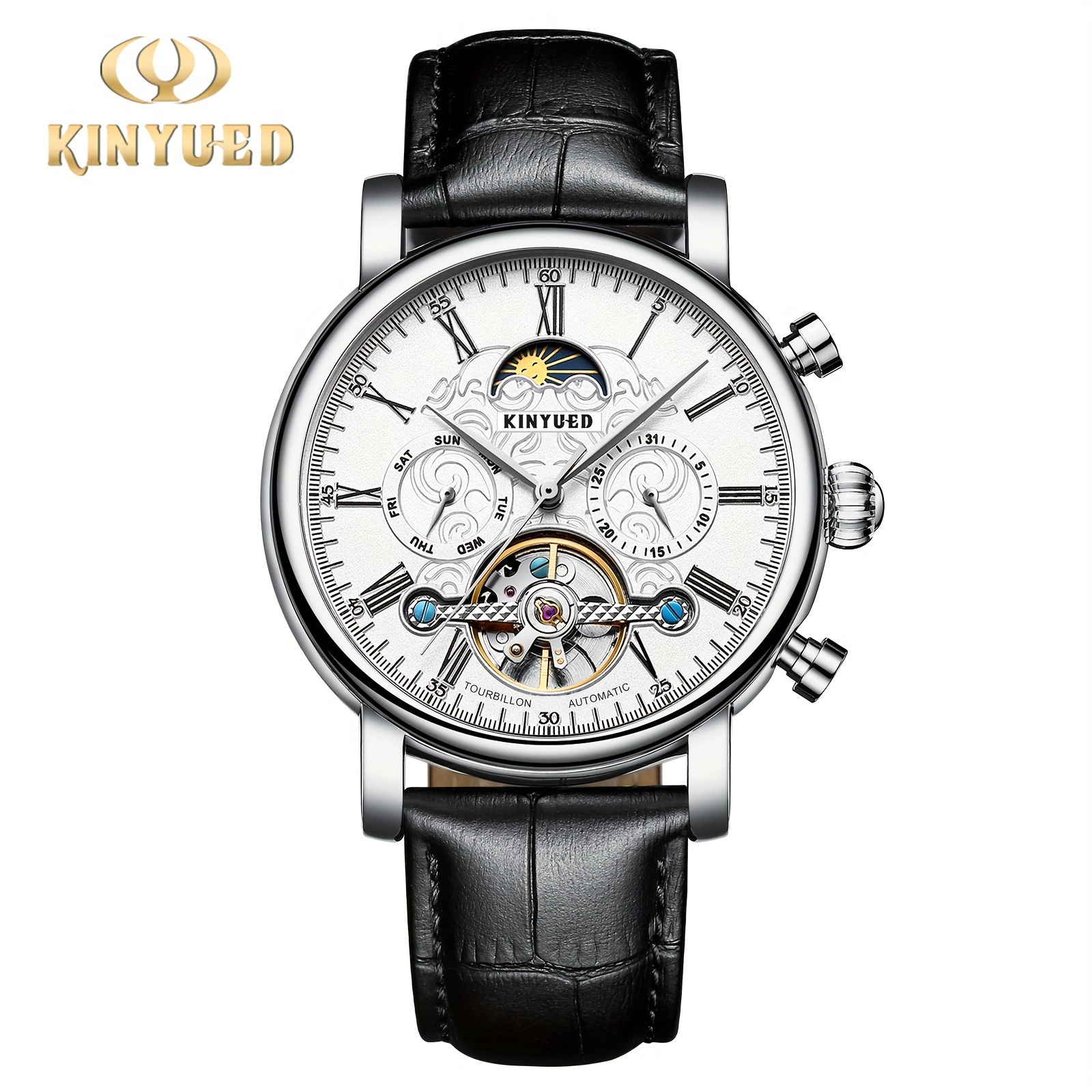 Image of Kinyued Automatic Mechanical Watch Men's Multifunctional Hollow Mechanical Watch Embossed Starry Sky Men's Watch, Without Battery