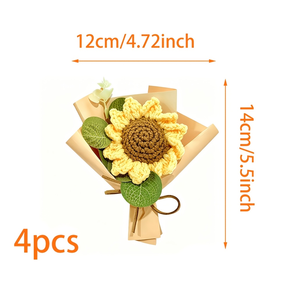 TEMU 4pcs Handmade Crochet Sunflower Bouquet With Eucalyptus Leaves Fall Winter Faux Flower Home Decor For Thanksgiving Halloween Christmas Birthday