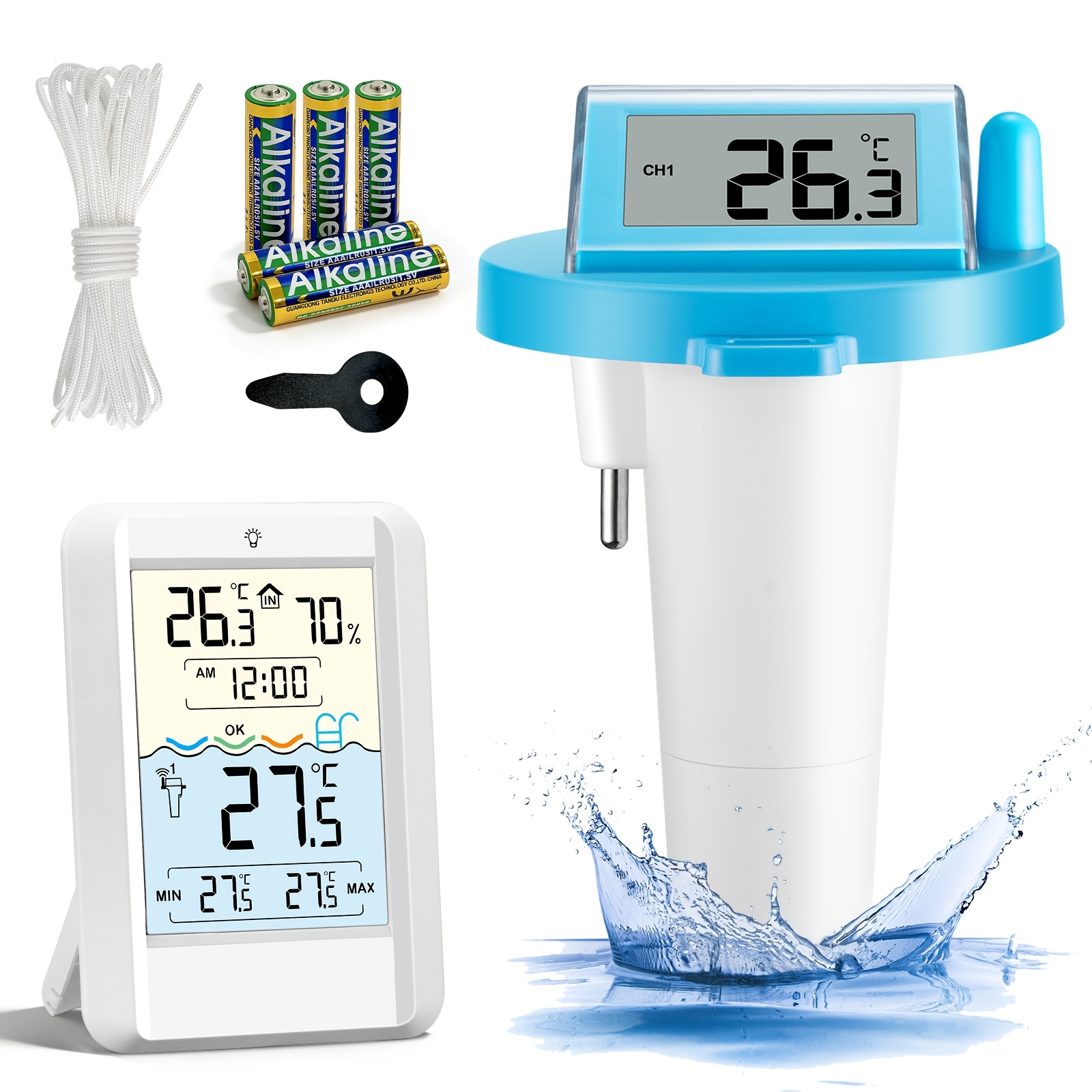 Image of White And Blue Lcd Display Wireless Thermometer, Abs Wireless Swimming Pool Sensor Can Monitor The Temperature Of 3 Remote Monitoring Points, Suitable For Waterside , , And Swimming Pools