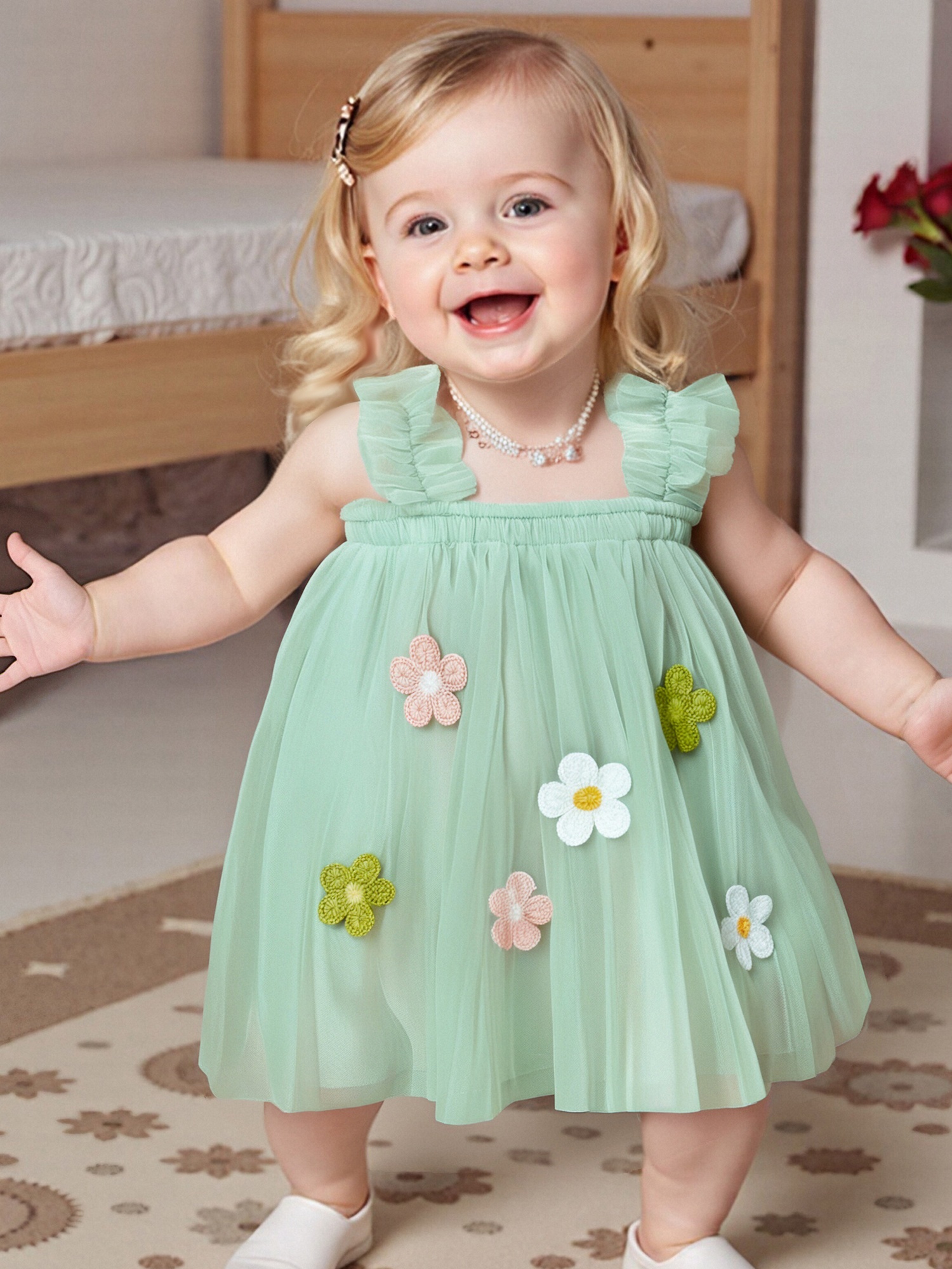 green floral toddler dress Floral Print Princess Dress with Large Bow for Toddler Girls | Green / 18-24 Months (90cm) main image 0