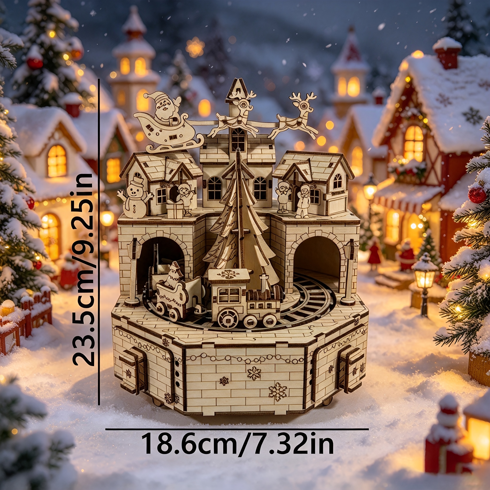 TEMU Boîte à musique train rotatif ville de Noël en bois, kit de puzzle 3D, modèle en bois découpé au laser, décoration de Noël à , cadeau