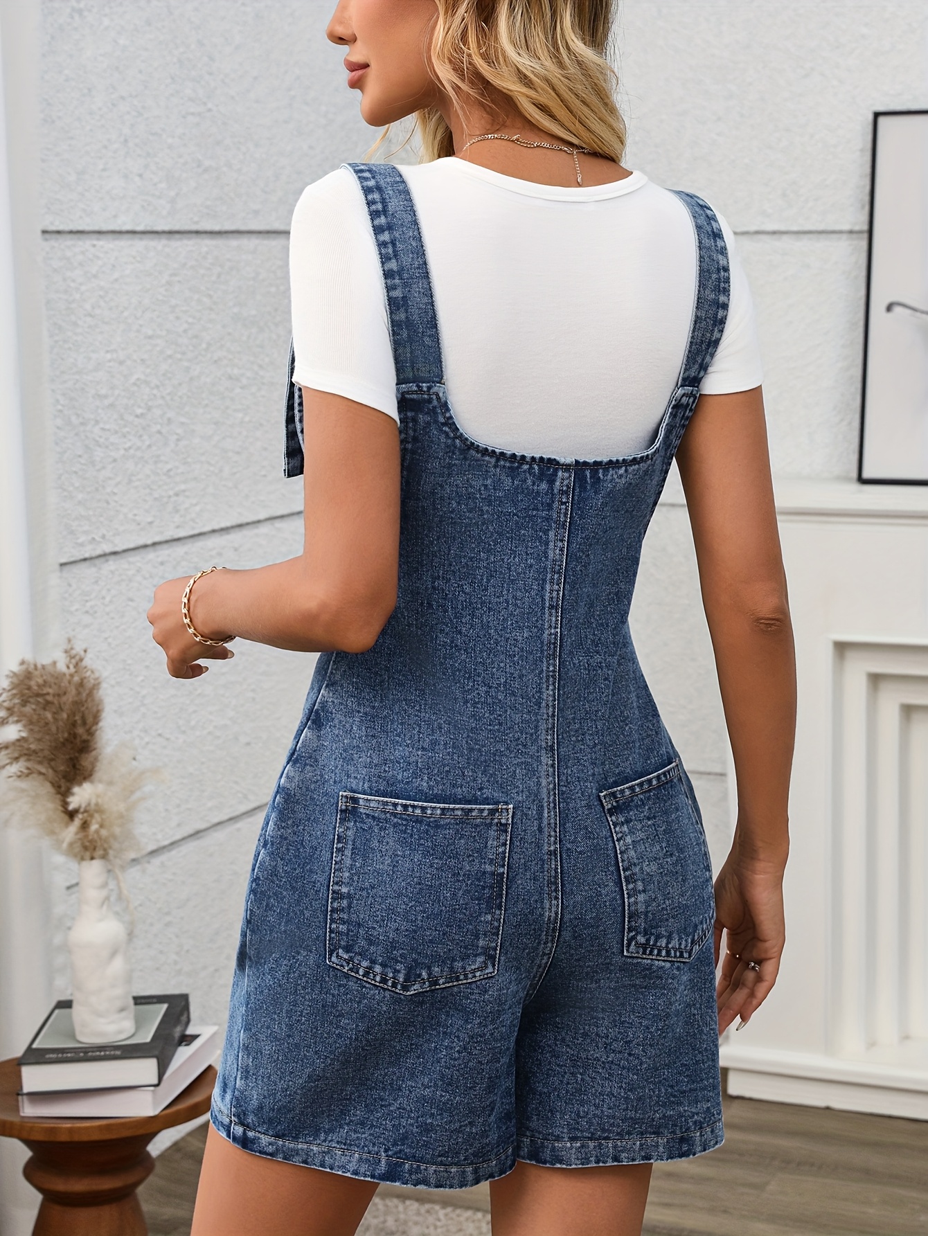 womens high overalls button details white crop Temu Canada