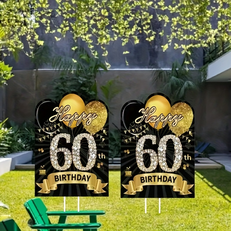 Image of A Pair Of Sparkling 60th Birthday Signs For The Garden, Outdoor Lawn, And Yard Decorations For A 60th Birthday Party.