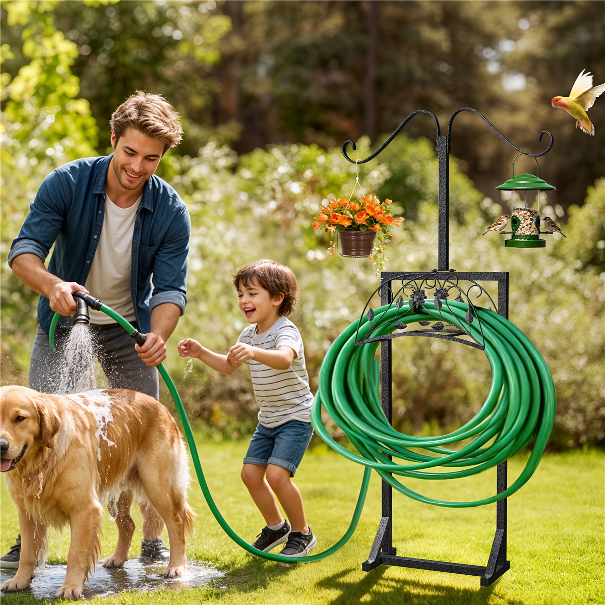 Garden Hose Reel Holder, Metal Water Pipe Hose Hanger Organizer With 2 Shepherd Hooks, Heavy Standing Hose Storage Stand For Outside, Yard Garden Lawn, Black, Box, Cabinet, Rack For Outdoor Storage