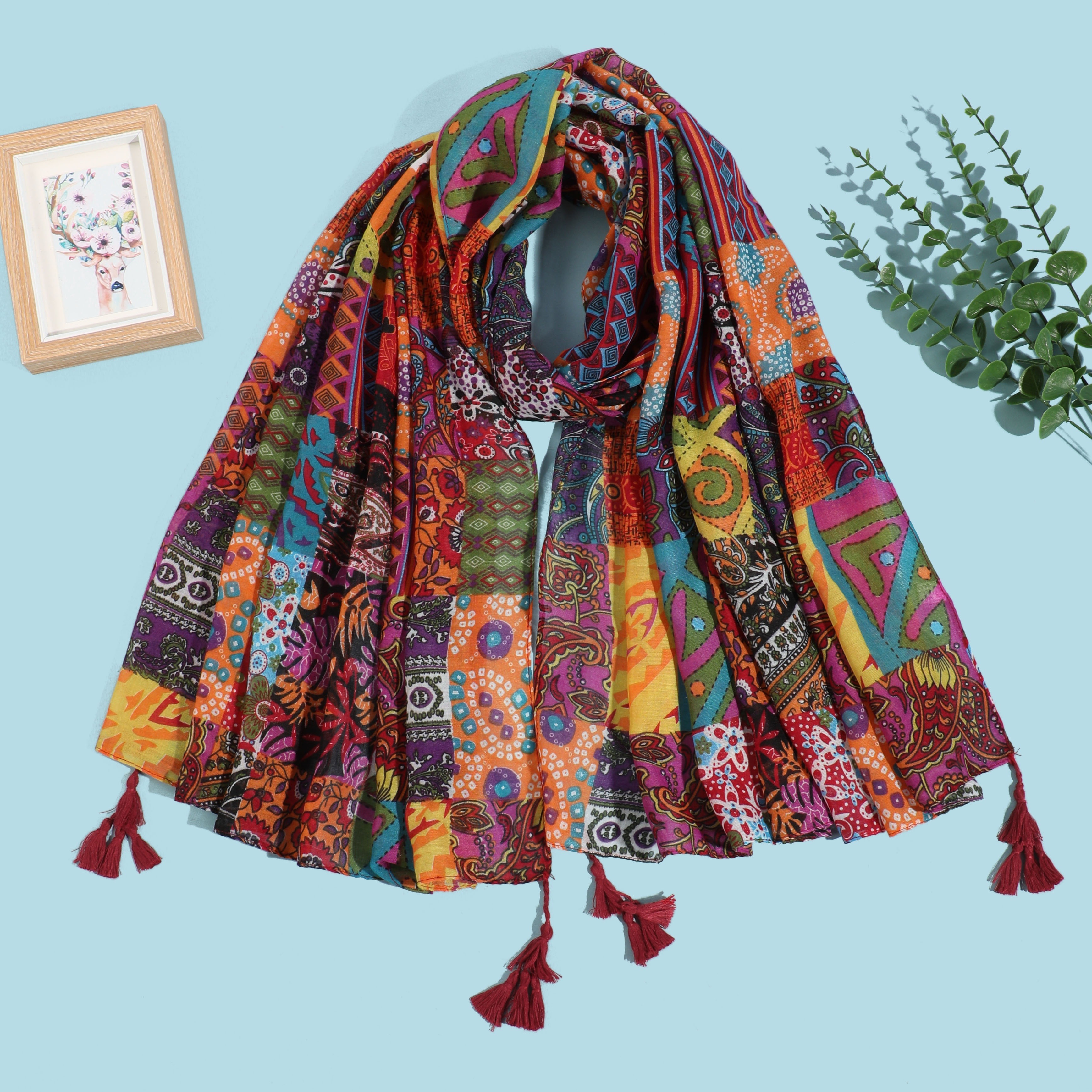 

Bohemian Style Polyester Scarf For Women - Printed Pattern, Short Tassels, Lightweight, Yarn-dyed Woven, Decorative Shawl For Casual Weekend Beach Travel