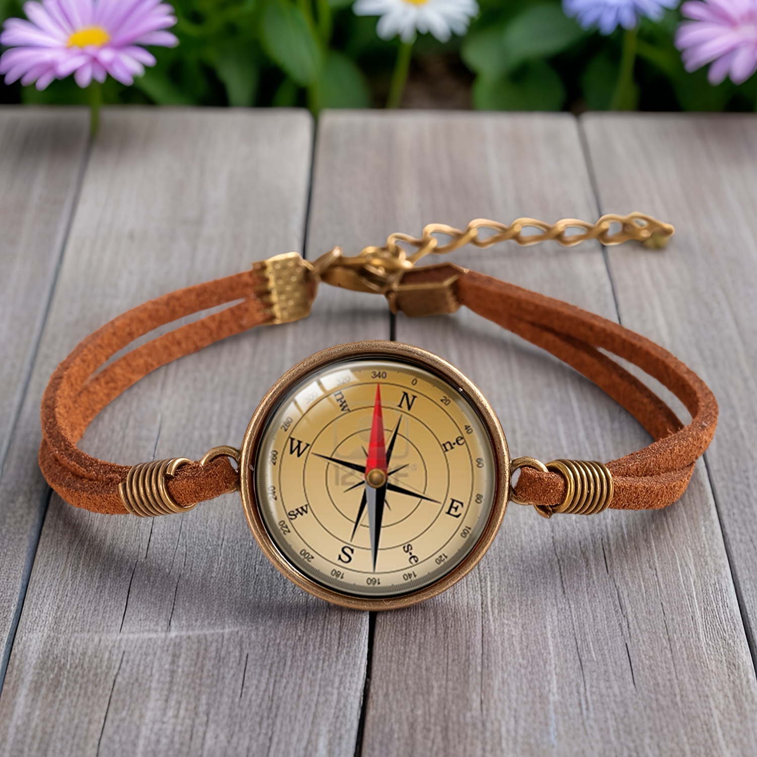 Retro Adventure Style Compass Pattern Round Glass Dome Brown Leather Bracelets Accessory Gifts For