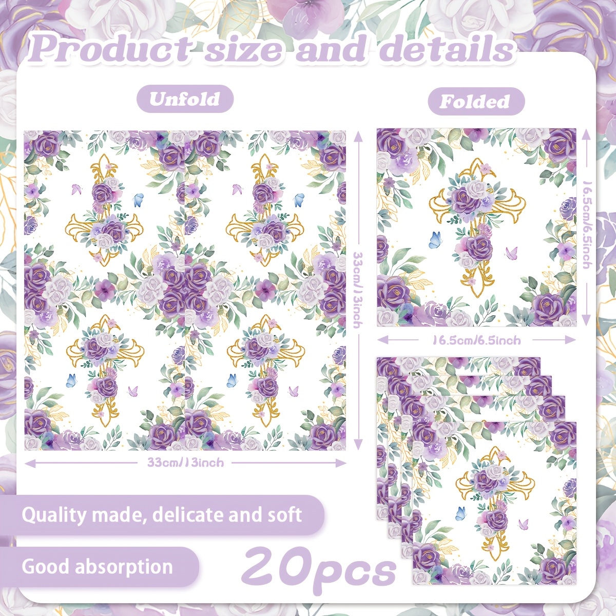 E-shop Lila Blumen-Schmetterling Servietten für Taufe & Teeparty - Elegante 2-lagige Papier-Servietten mit Blumen-Schmetterling für