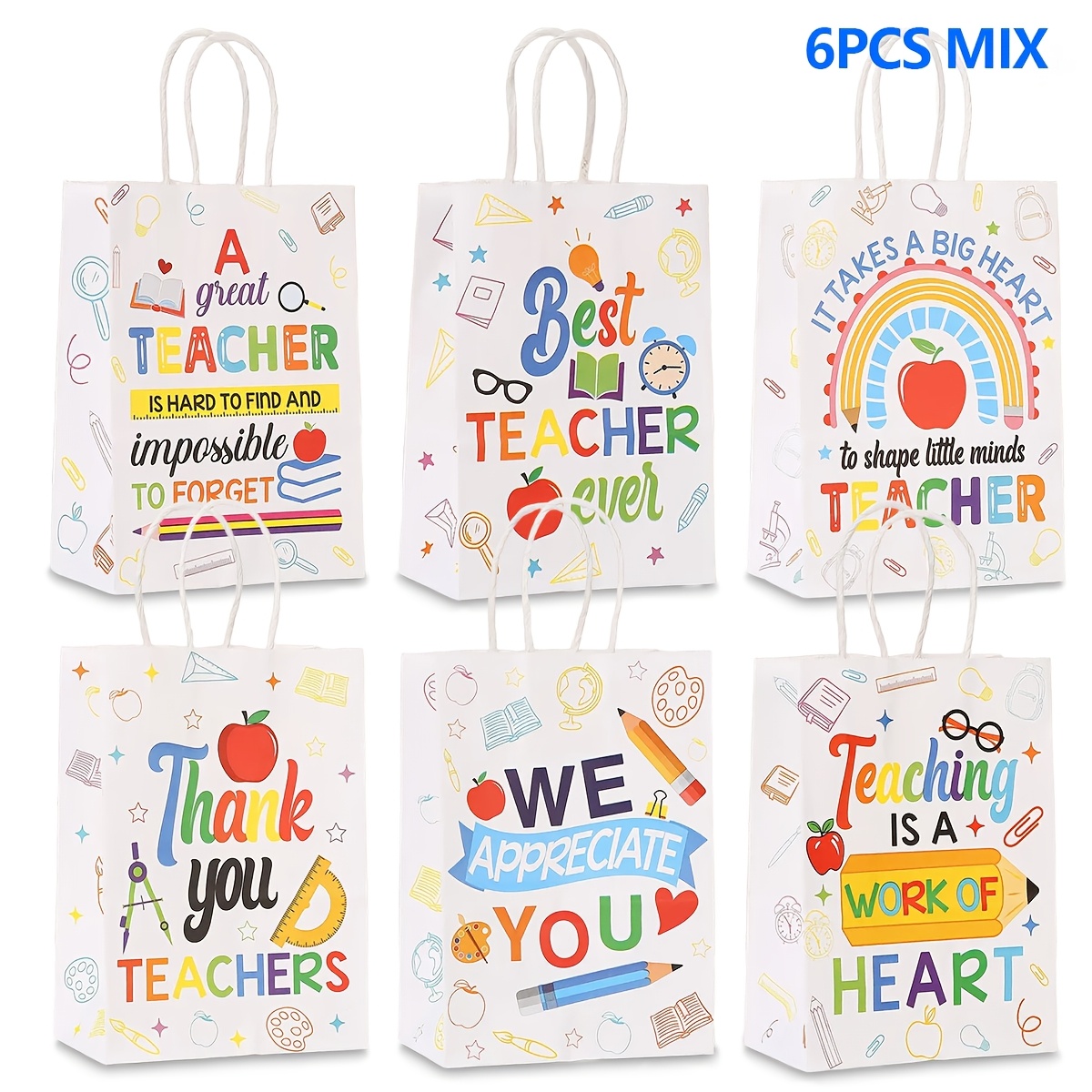 TEMU 6pcs Teacher Appreciation Series Tote Paper Bag Gift Bag, Book Teacher's Day Text Pattern Print Tote Bag, For Class Party, Campus Event