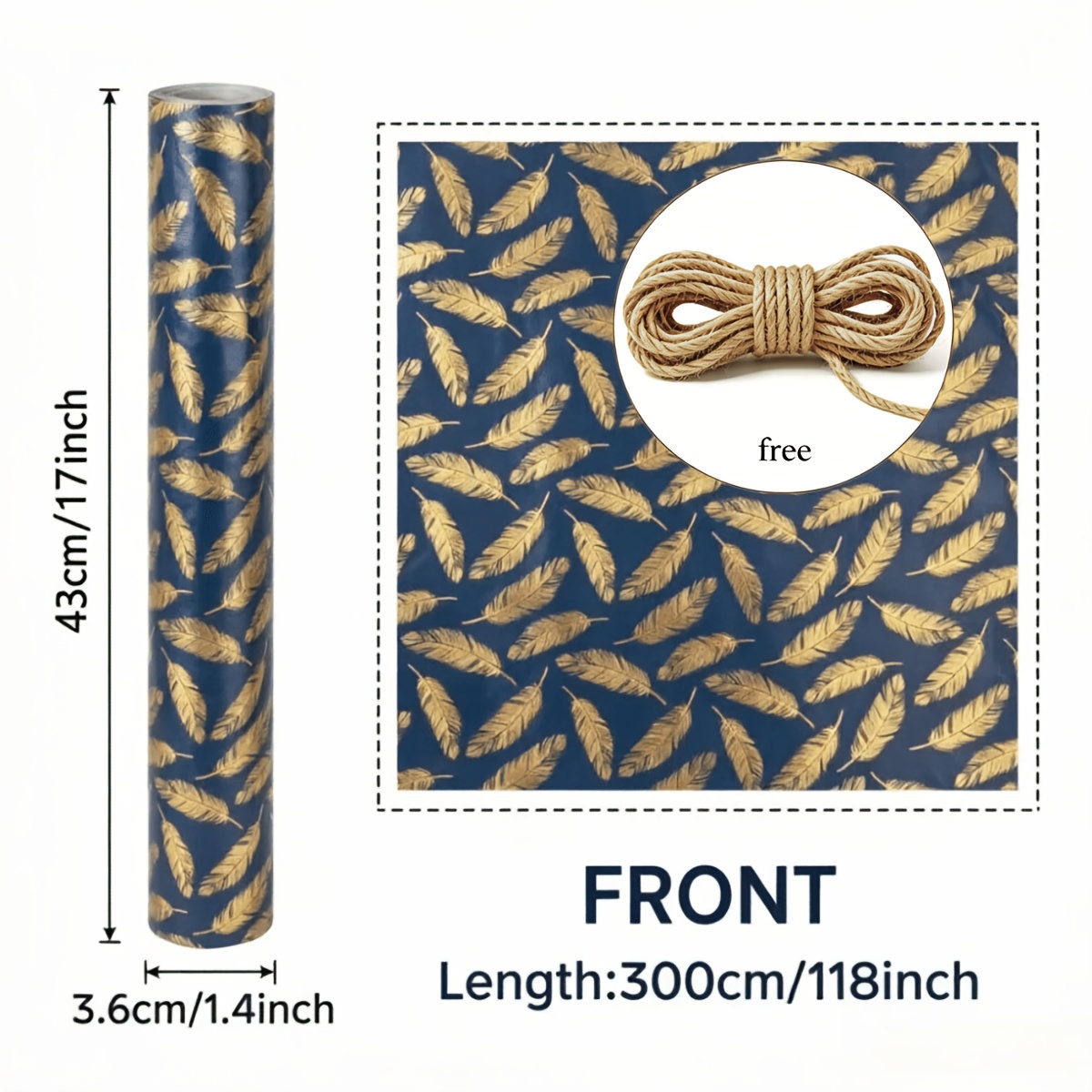 TEMU Rotolo grande di carta da regalo con motivo a piume blu navy e dorate, 3 di spago di iuta. Carta da regalo elegante blu e , rotolo misura 17