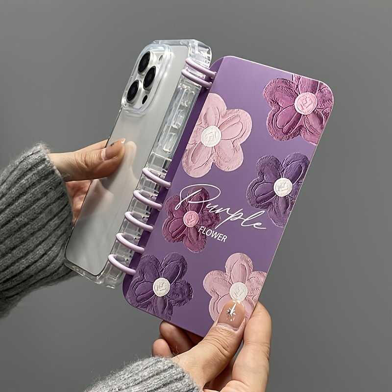 TEMU Phone Case - Purple Floral Patterned Notebook Phone Case Suitable For 16, A Notebook Design For Women, Shockproof Case Compatible With