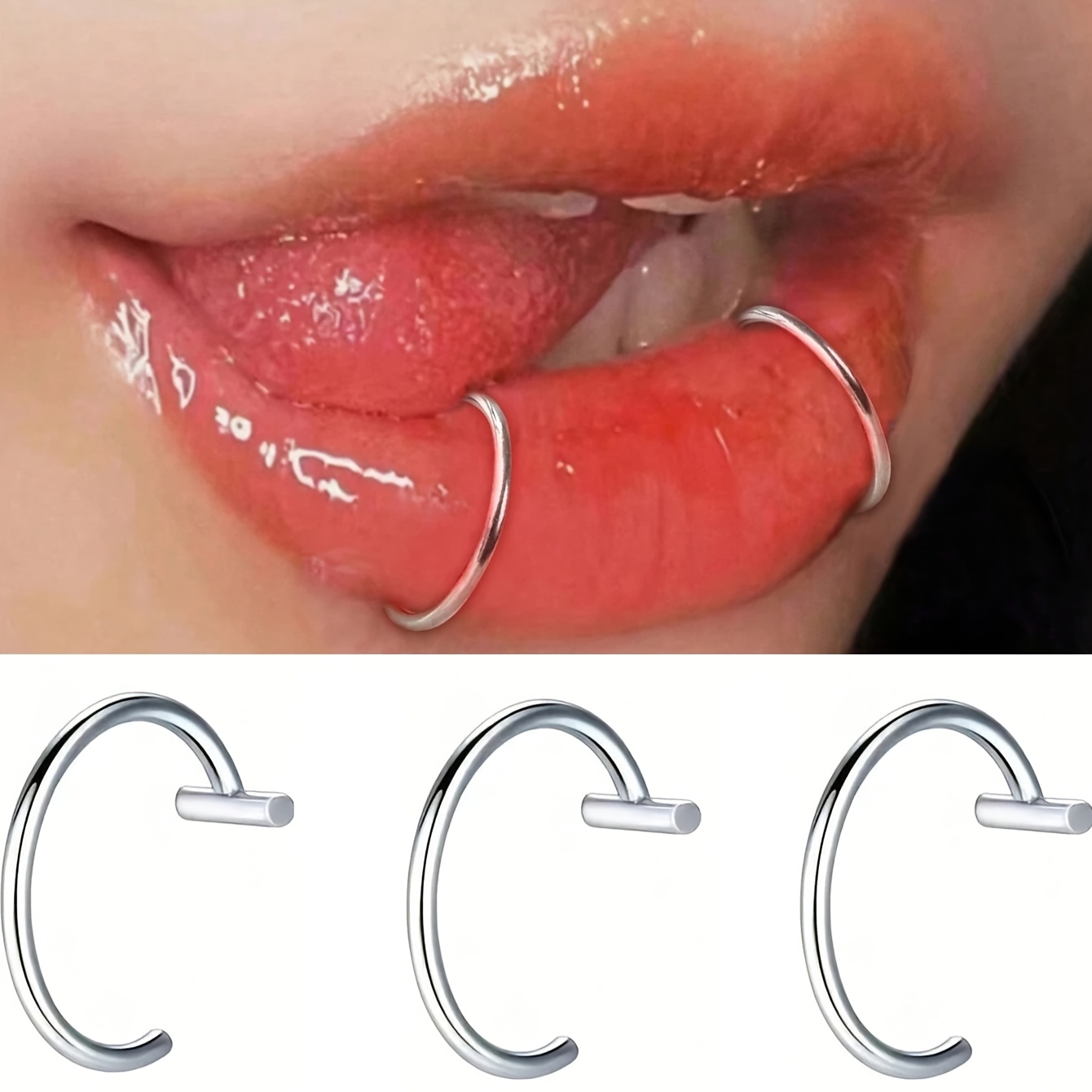 TEMU Ensemble de bijoux labiaux non perforés style punk 2pcs/3pcs - Bagues à lèvres à clip réglables, bijoux en acier inoxydable 316 de C, bijoux