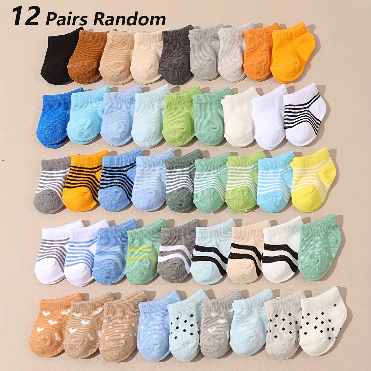 Image of 12 Pairs Of Random Solid Color Polka Dot And Striped Short Socks For Infants And Toddlers