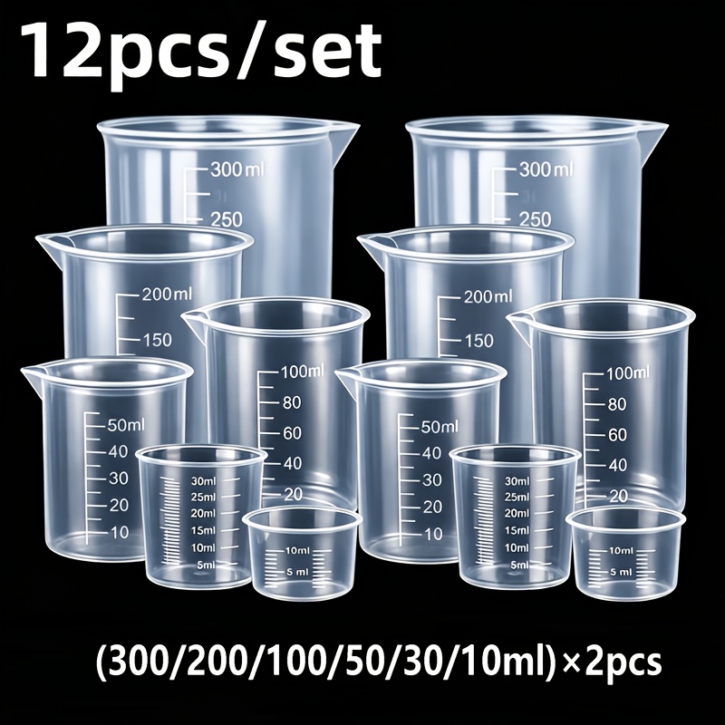 TEMU 12pcs Set Of Plastic Transparent Measuring Cups, Laboratory Beakers, And Scales, Reusable And Durable, 2pcs Each In 0.34oz / 1.01oz / 1.69oz /
