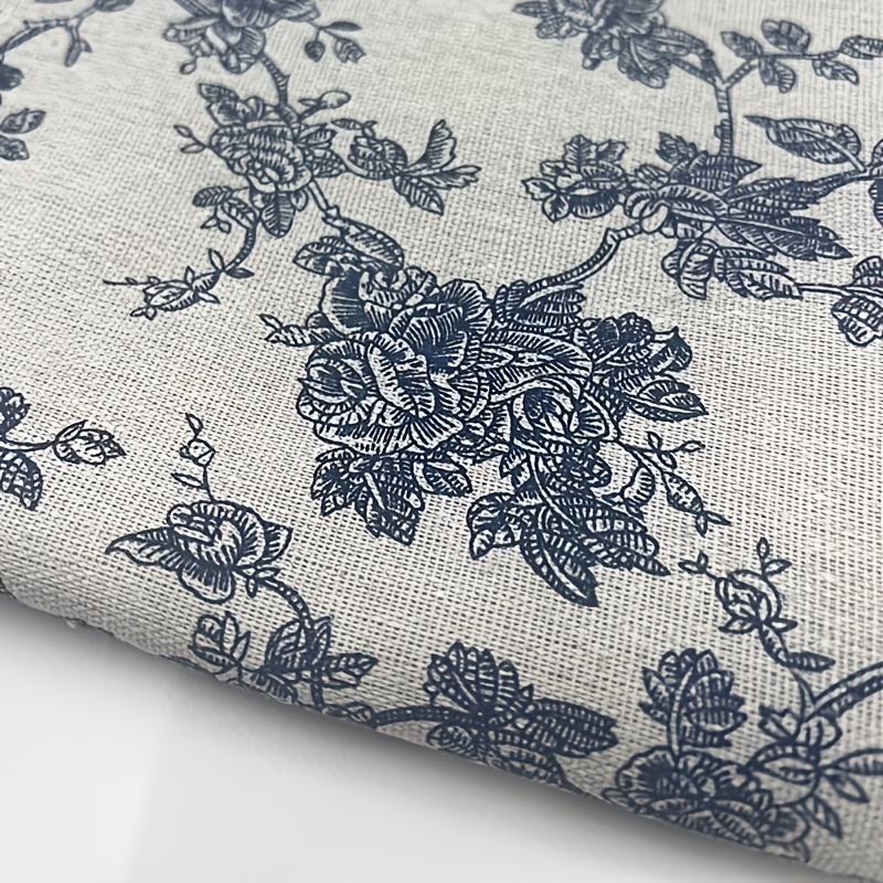 TEMU 1pc Blue Floral Vine Fabric, Pastoral Flower Printed Linen Fabric, Retro Rose Rice White Diy Handmade Fabric Fabric, Festival, Home Decoration,