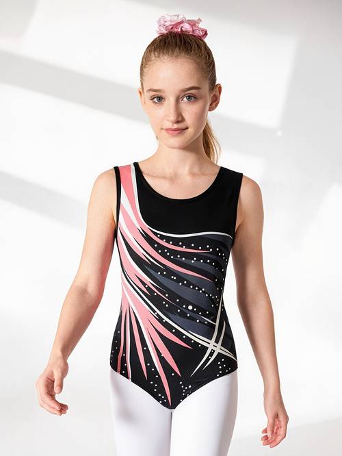 girls casual fashion black leotard with pink and white polka suitable for gymnastics training performance showcasing athleticism and beauty ideal gift