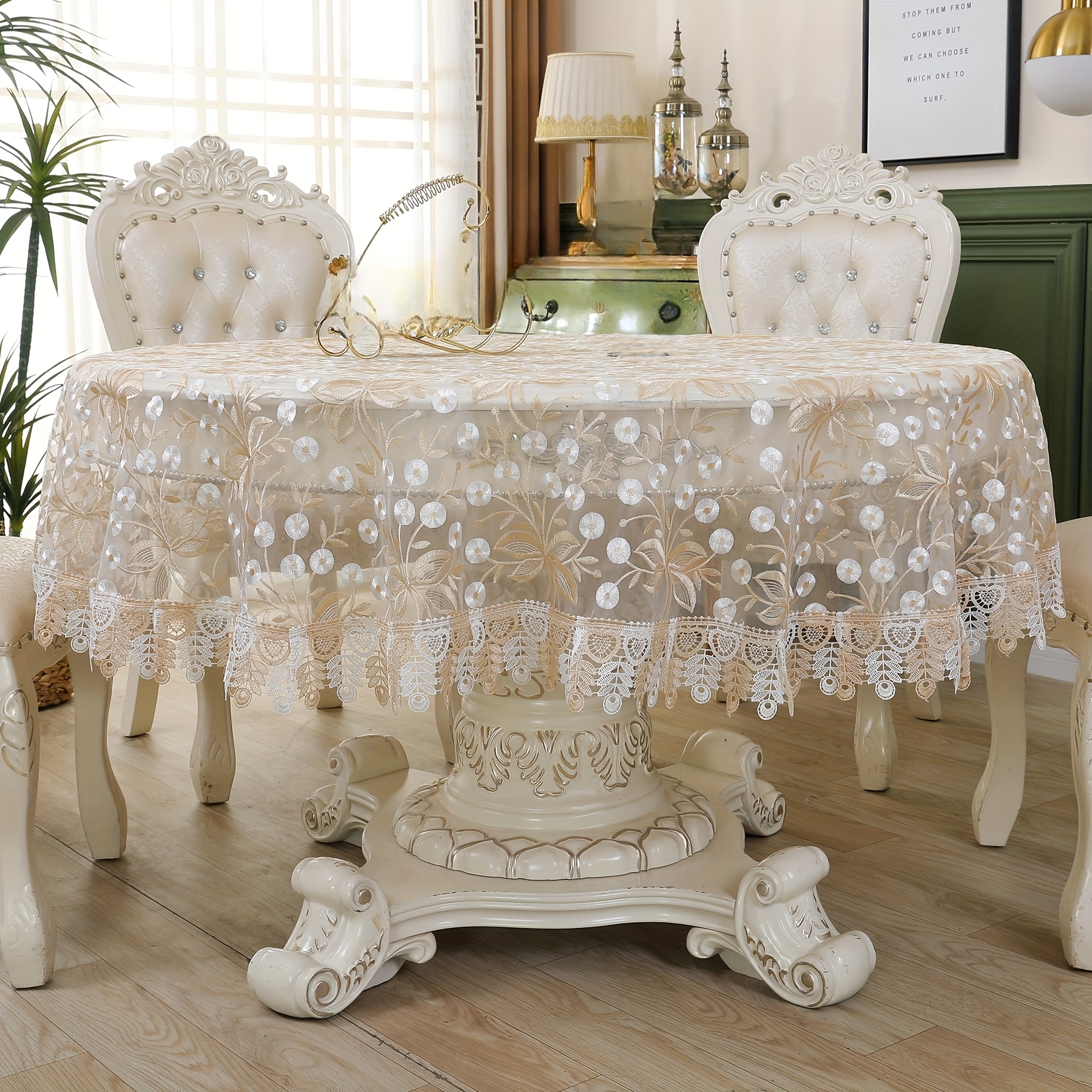 1pc elegant beige lace tablecloth with floral   polyester machine made round decorative table cover for valentines day weddings and home decor wedding table setting floral pattern tablecloth intricate lace detail table decorations 0