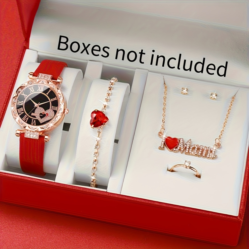 TEMU 6pcs/ Set I Love Mom Heart-shaped Quartz Wrist Watch With Red Jewelry Set, With Exquisite And Creative Decoration, A Unique Gift For